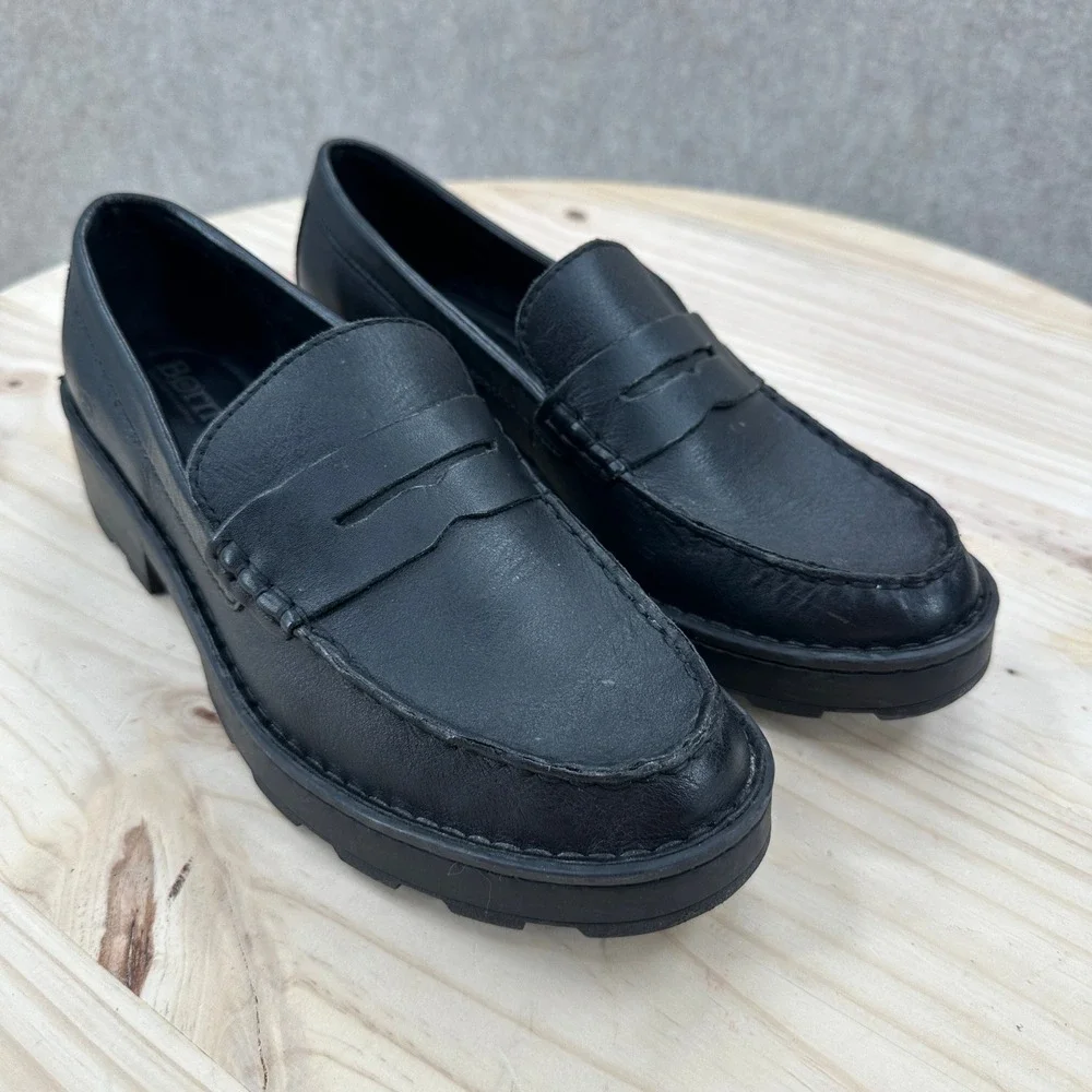 Born Carrera Penny Loafers Womens 9 Black Leather Chunky Lug Sole Shoes